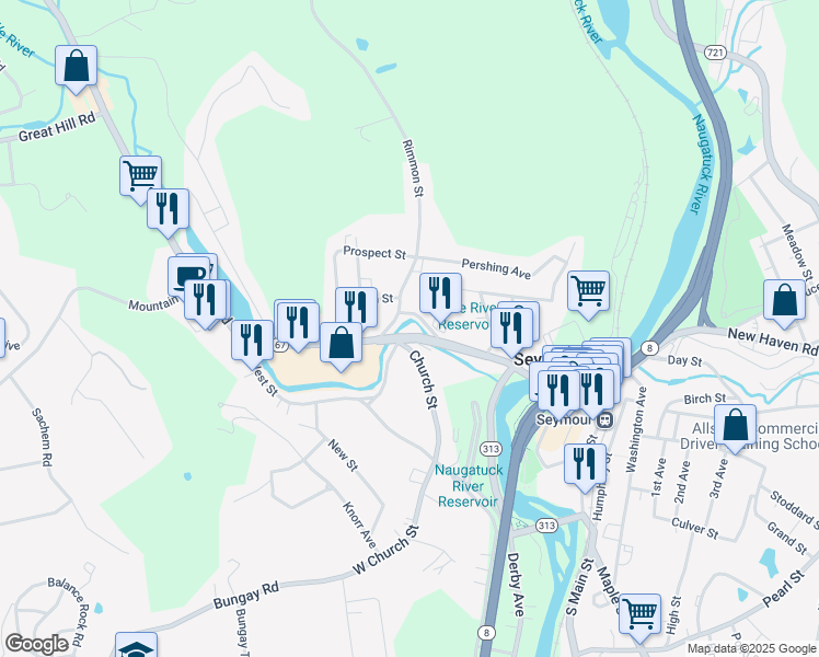map of restaurants, bars, coffee shops, grocery stores, and more near 200 Bank Street in Seymour