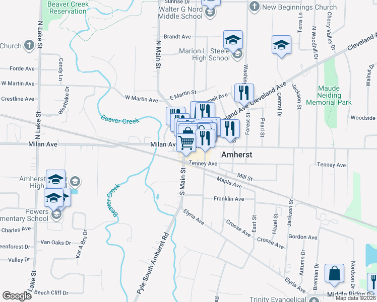 map of restaurants, bars, coffee shops, grocery stores, and more near 223 South Main Street in Amherst