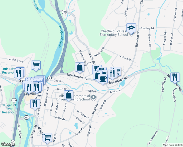 map of restaurants, bars, coffee shops, grocery stores, and more near 39 Roberts Street in Seymour