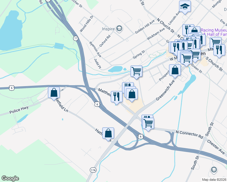 map of restaurants, bars, coffee shops, grocery stores, and more near 40 Matthews Street in Goshen