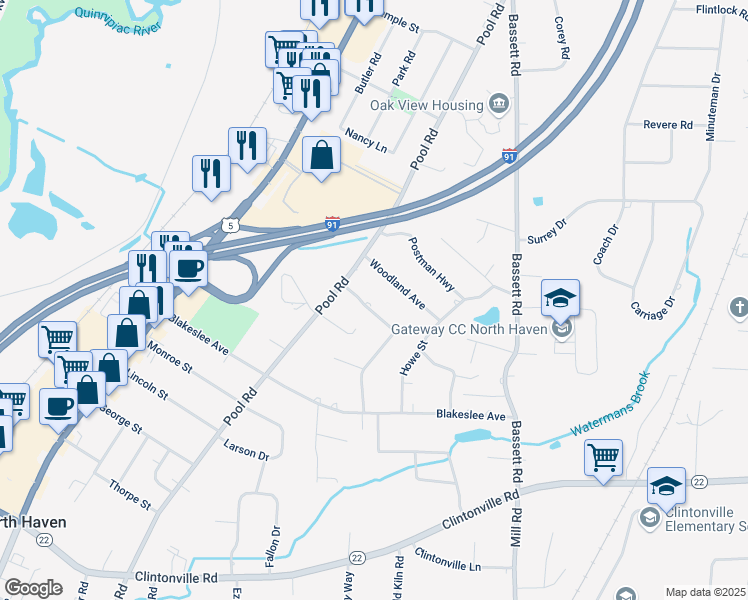 map of restaurants, bars, coffee shops, grocery stores, and more near 10 Oakwood Drive in North Haven