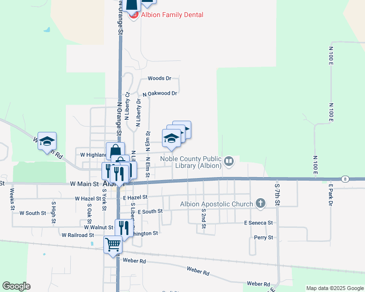 map of restaurants, bars, coffee shops, grocery stores, and more near 302 Cougar Court in Albion