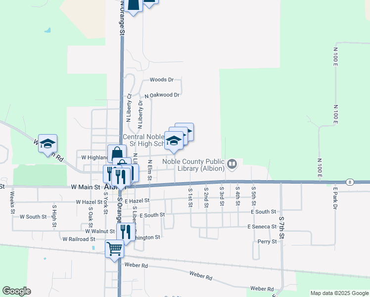 map of restaurants, bars, coffee shops, grocery stores, and more near 302 Cougar Court in Albion