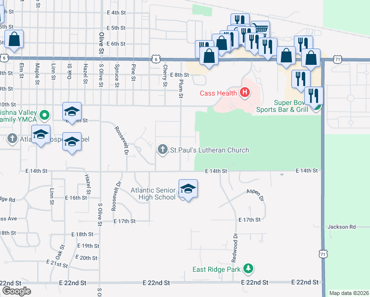 map of restaurants, bars, coffee shops, grocery stores, and more near 1203 Plum Street in Atlantic