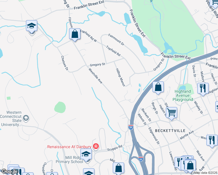 map of restaurants, bars, coffee shops, grocery stores, and more near 165 Westville Avenue in Danbury