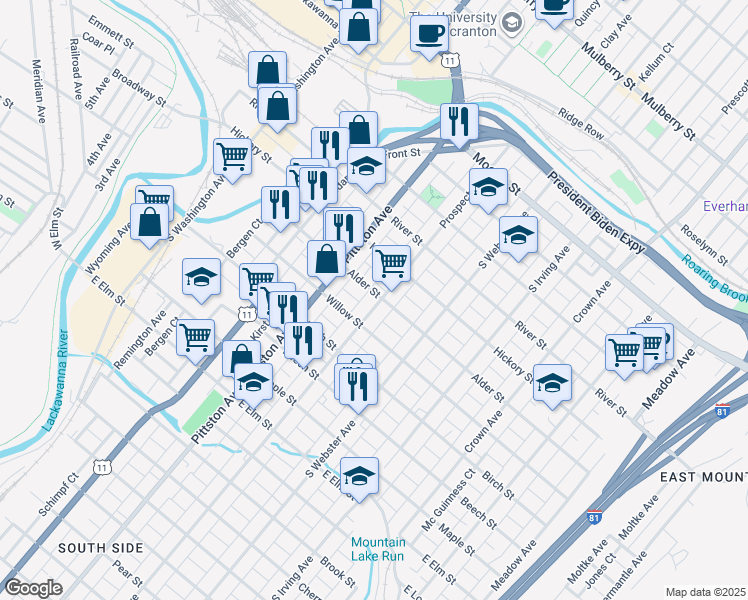 map of restaurants, bars, coffee shops, grocery stores, and more near 516 Prospect Avenue in Scranton