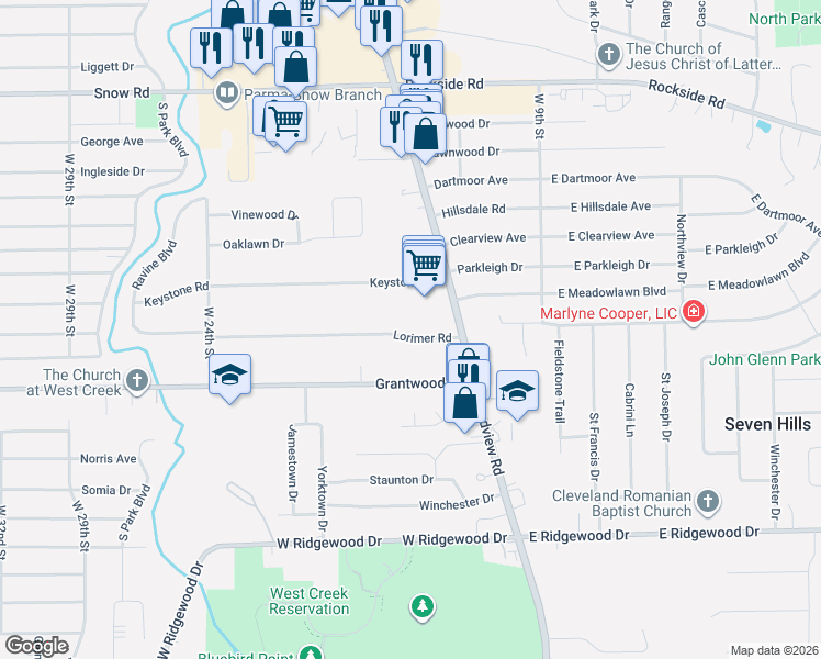map of restaurants, bars, coffee shops, grocery stores, and more near 1608 Lorimer Road in Cleveland