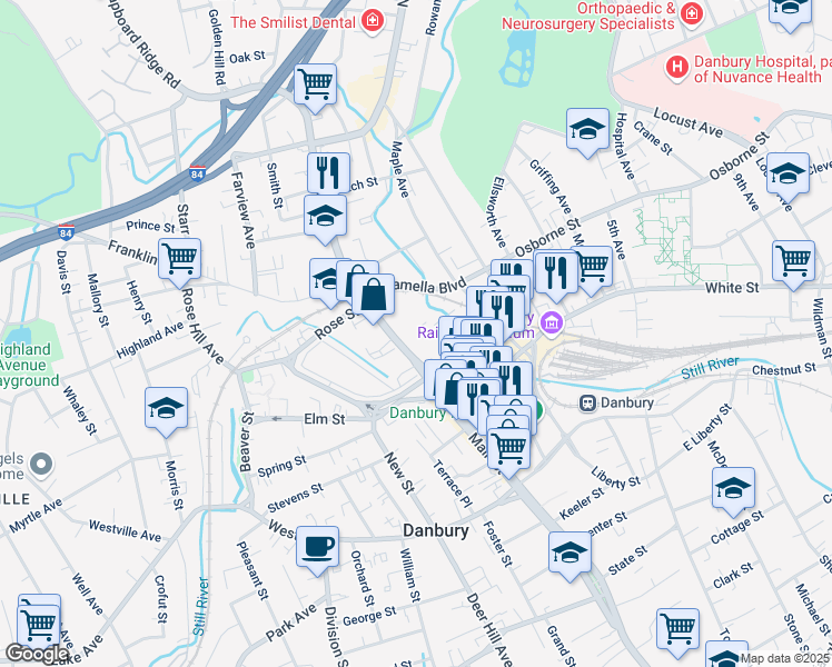map of restaurants, bars, coffee shops, grocery stores, and more near 339 Main Street in Danbury