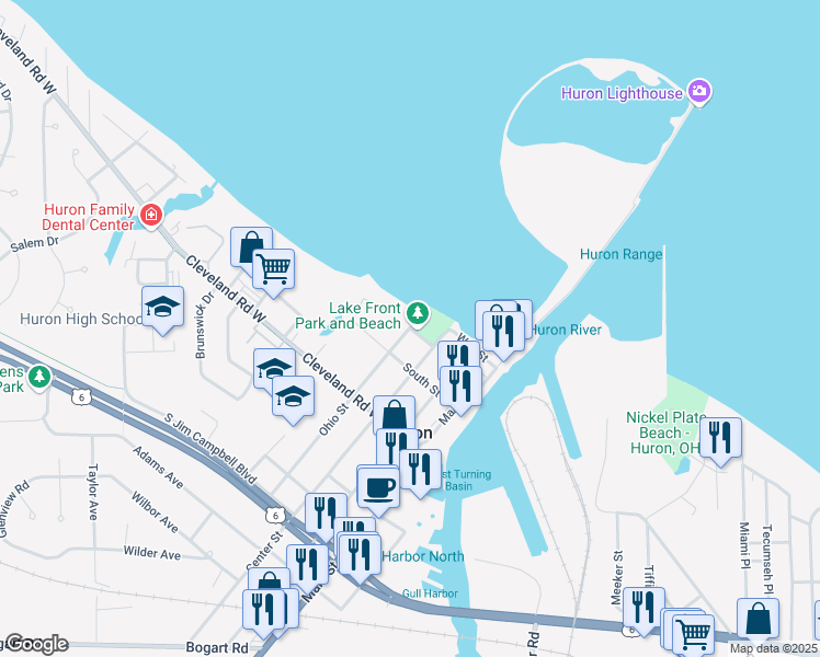 map of restaurants, bars, coffee shops, grocery stores, and more near 111 Ohio Street in Huron