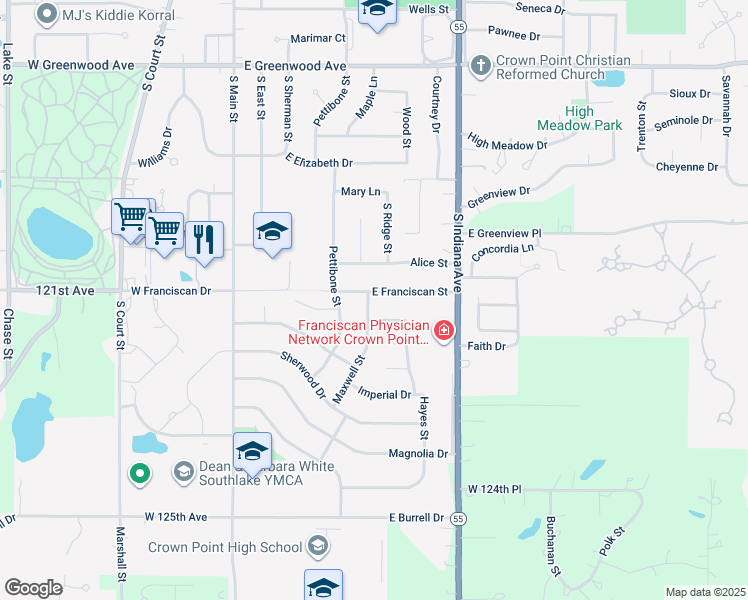 map of restaurants, bars, coffee shops, grocery stores, and more near 601 Franciscan Drive in Crown Point