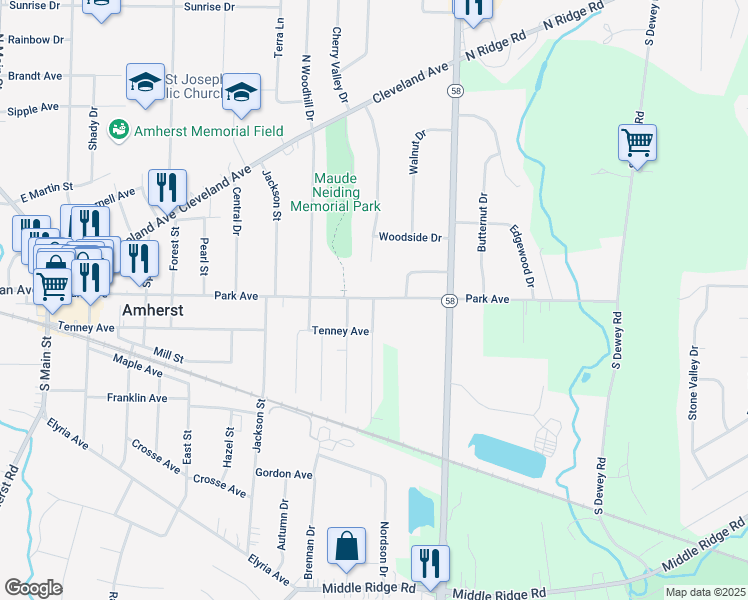 map of restaurants, bars, coffee shops, grocery stores, and more near 205 Broadway Street in Amherst