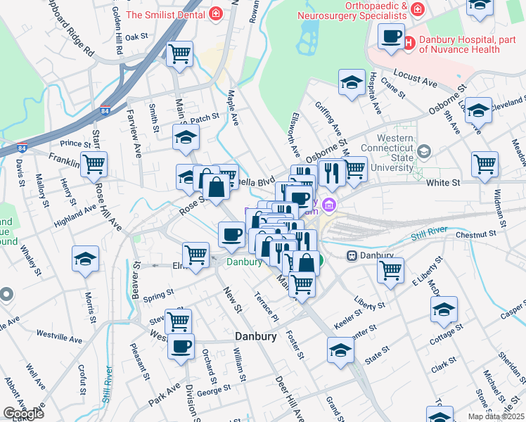 map of restaurants, bars, coffee shops, grocery stores, and more near 333 Main Street in Danbury