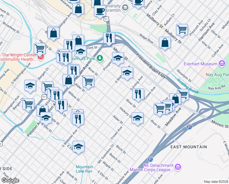 map of restaurants, bars, coffee shops, grocery stores, and more near 404 South Webster Avenue in Scranton