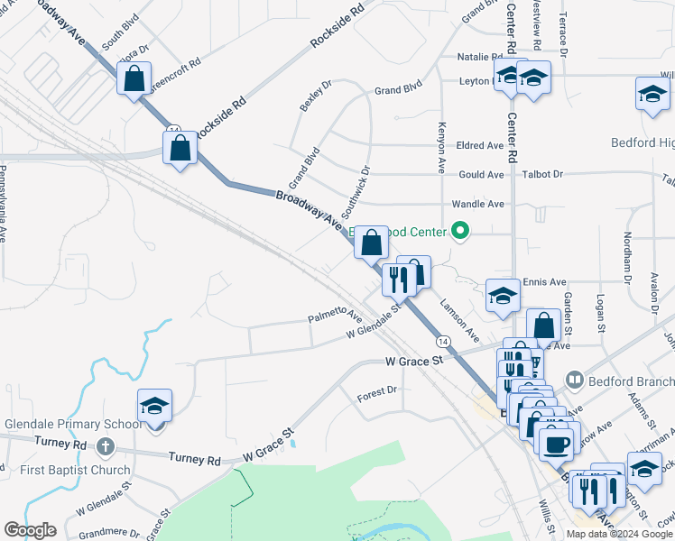 map of restaurants, bars, coffee shops, grocery stores, and more near 36 Leonard Avenue in Bedford