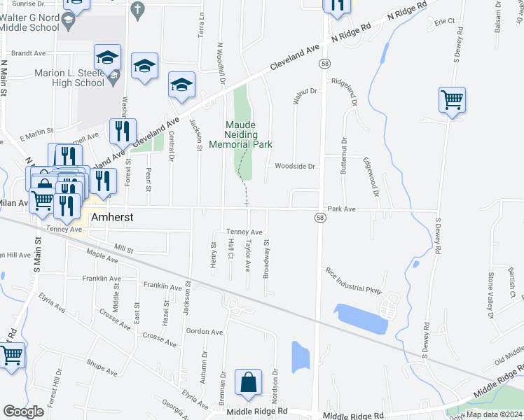 map of restaurants, bars, coffee shops, grocery stores, and more near 204 Broadway Street in Amherst