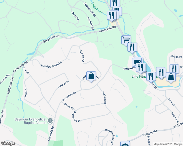 map of restaurants, bars, coffee shops, grocery stores, and more near 217 Woodlawn Drive in Seymour