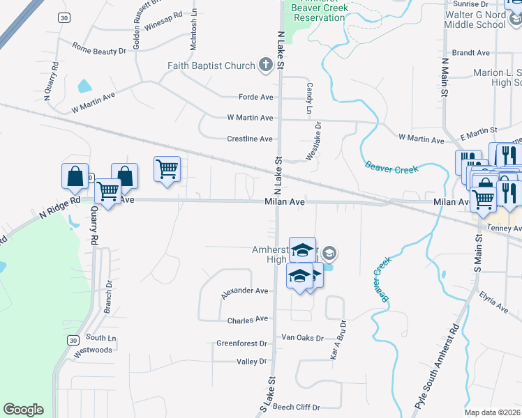 map of restaurants, bars, coffee shops, grocery stores, and more near 760 Milan Avenue in Amherst