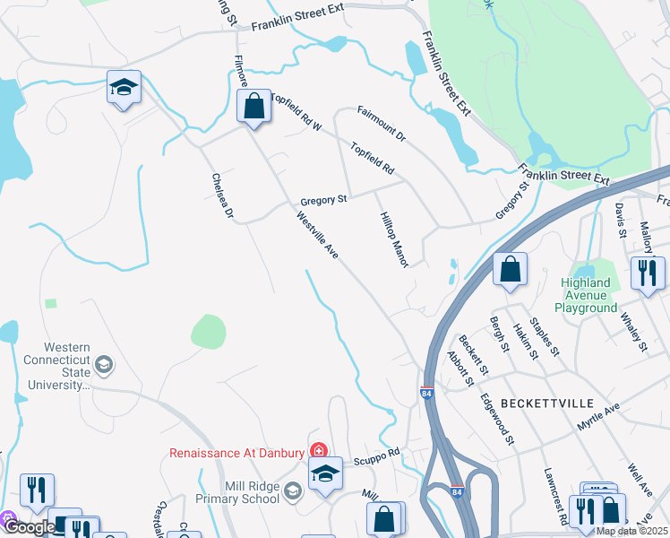 map of restaurants, bars, coffee shops, grocery stores, and more near 168 Westville Avenue in Danbury