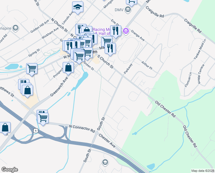 map of restaurants, bars, coffee shops, grocery stores, and more near 112 Green Street in Goshen