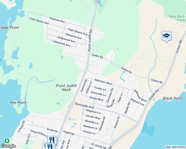 map of restaurants, bars, coffee shops, grocery stores, and more near 155 Sakonnet Boulevard in Narragansett