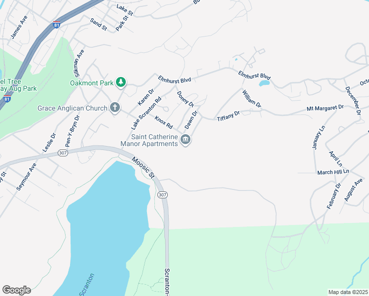 map of restaurants, bars, coffee shops, grocery stores, and more near 105 Skytop Manor in Scranton