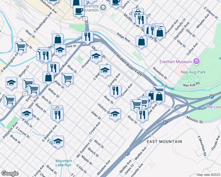 map of restaurants, bars, coffee shops, grocery stores, and more near 226 South Irving Avenue in Scranton