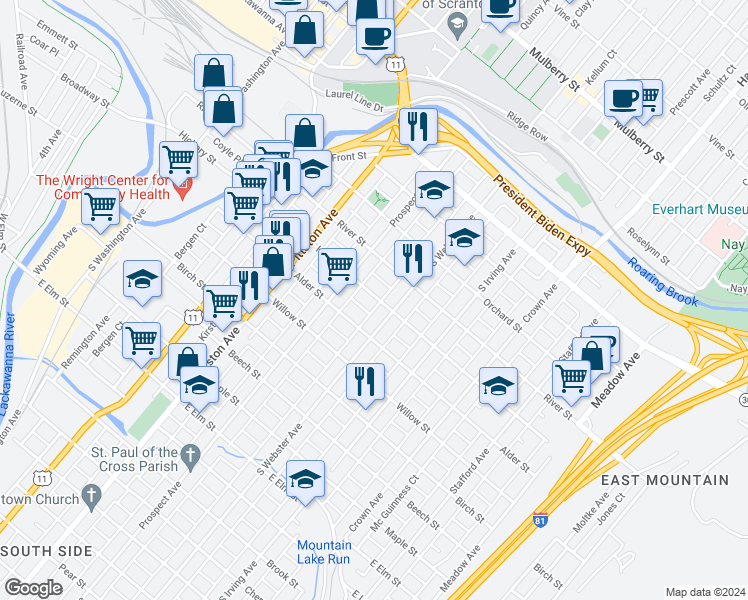 map of restaurants, bars, coffee shops, grocery stores, and more near 623 Hickory Street in Scranton