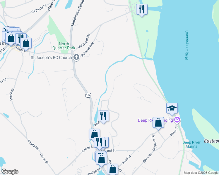 map of restaurants, bars, coffee shops, grocery stores, and more near 73 Winter Avenue in Deep River