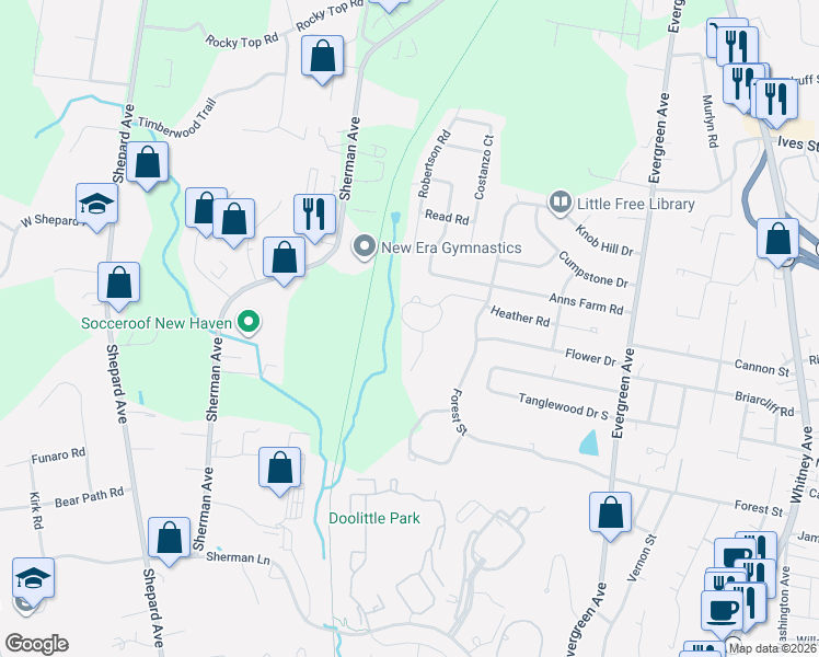 map of restaurants, bars, coffee shops, grocery stores, and more near 38 Valleyview Drive in Hamden