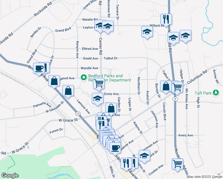 map of restaurants, bars, coffee shops, grocery stores, and more near 31 Ennis Avenue in Bedford