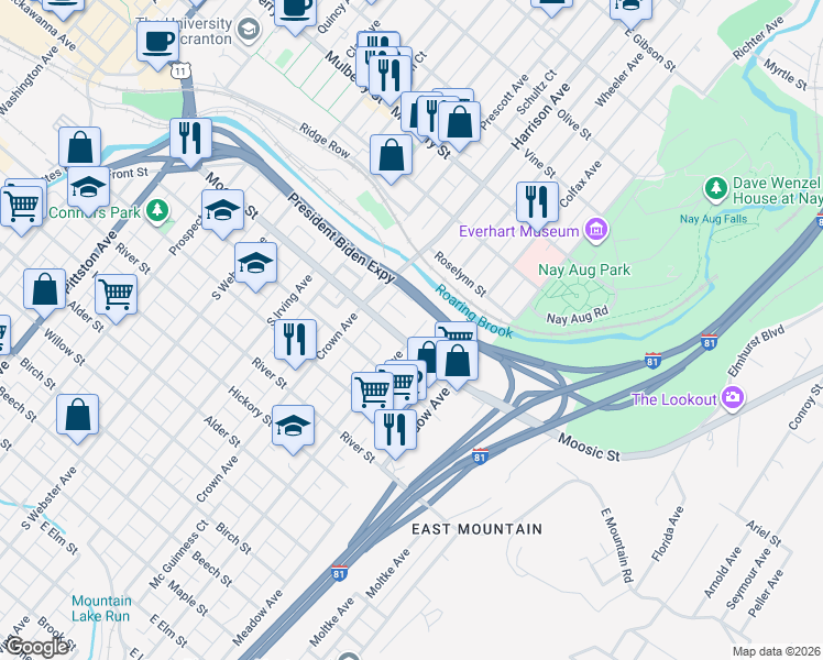 map of restaurants, bars, coffee shops, grocery stores, and more near in Scranton
