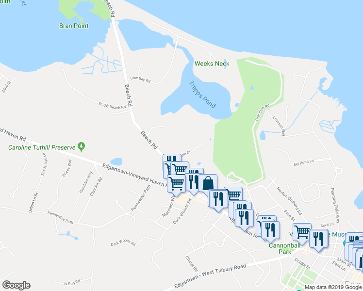 map of restaurants, bars, coffee shops, grocery stores, and more near 3 Oakdale Lane in Edgartown