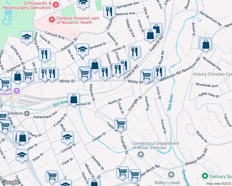 map of restaurants, bars, coffee shops, grocery stores, and more near 62 Chestnut Street in Danbury