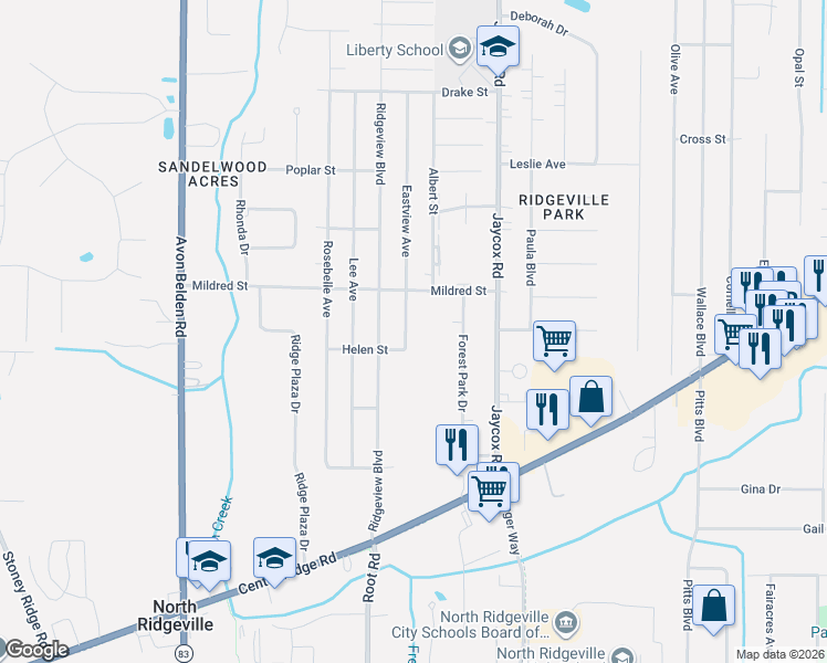 map of restaurants, bars, coffee shops, grocery stores, and more near 6281 Eastview Avenue in North Ridgeville