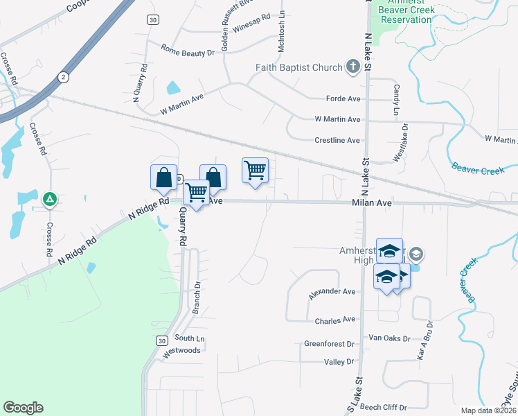 map of restaurants, bars, coffee shops, grocery stores, and more near 1100-1148 Milan Avenue in Amherst