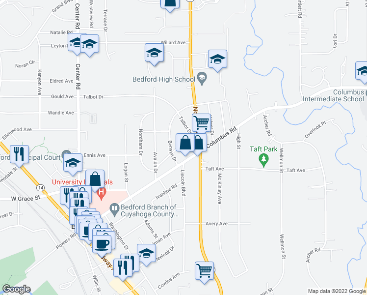 map of restaurants, bars, coffee shops, grocery stores, and more near 308 Marion Drive in Bedford