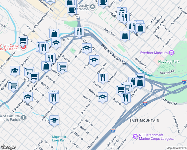 map of restaurants, bars, coffee shops, grocery stores, and more near 226 South Irving Avenue in Scranton