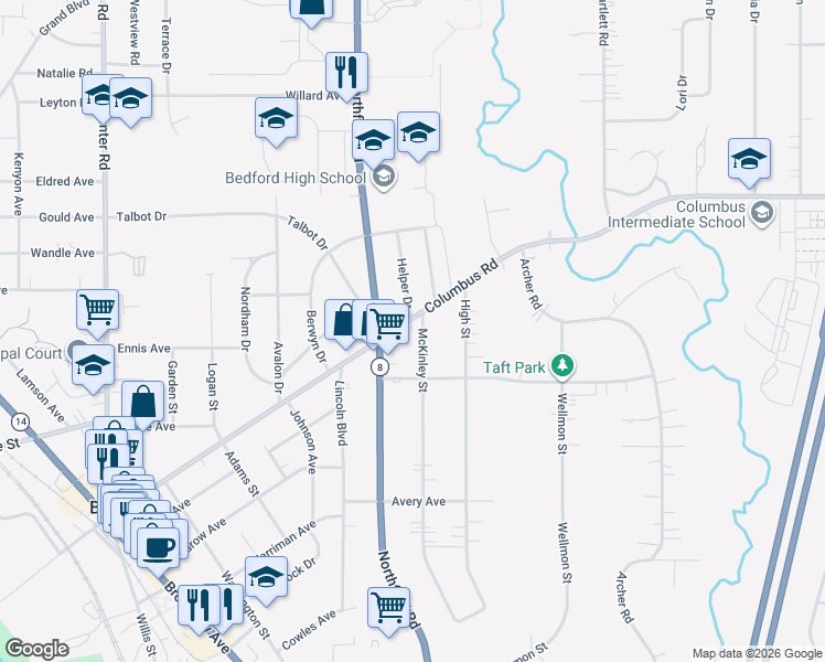 map of restaurants, bars, coffee shops, grocery stores, and more near 384 Columbus Road in Bedford
