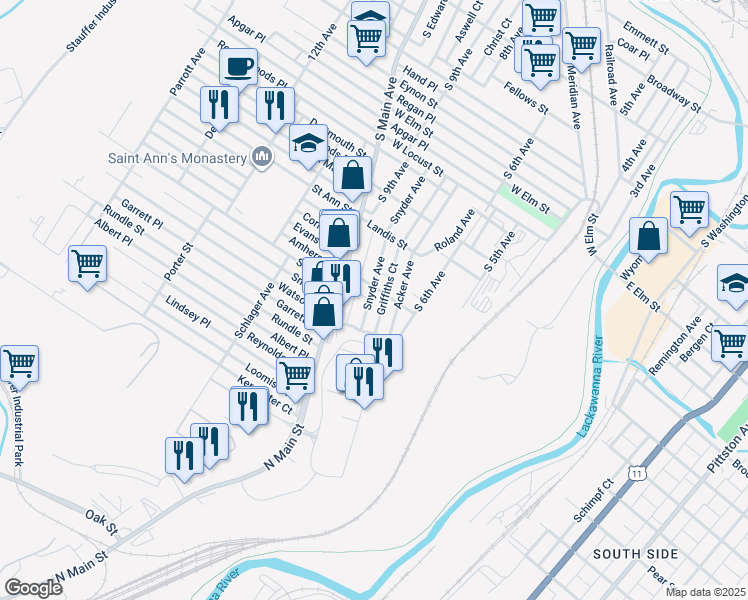 map of restaurants, bars, coffee shops, grocery stores, and more near 1241 Halsey Court in Scranton