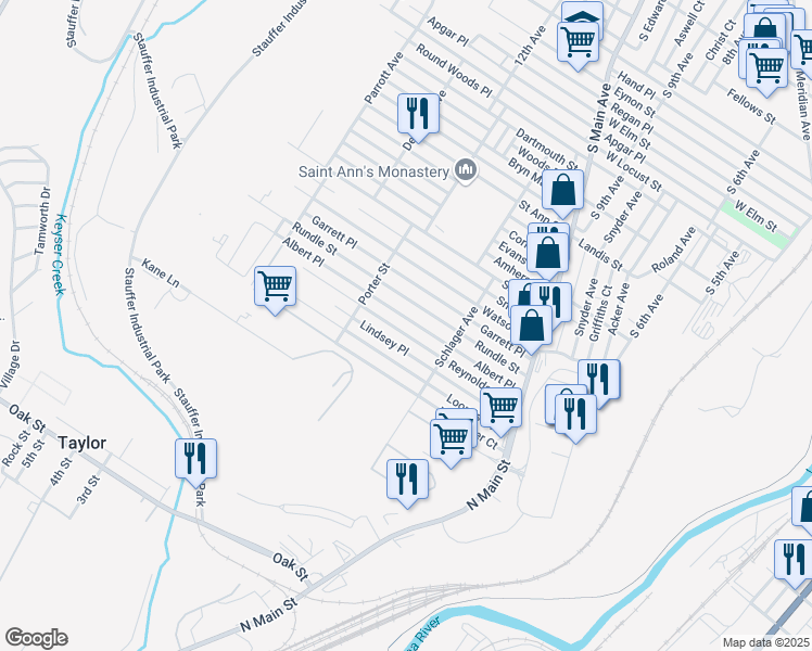 map of restaurants, bars, coffee shops, grocery stores, and more near 1250 Reynolds Avenue in Scranton