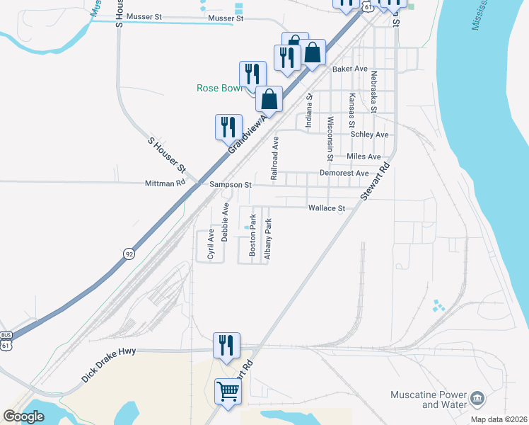 map of restaurants, bars, coffee shops, grocery stores, and more near 3 Albany Park in Muscatine