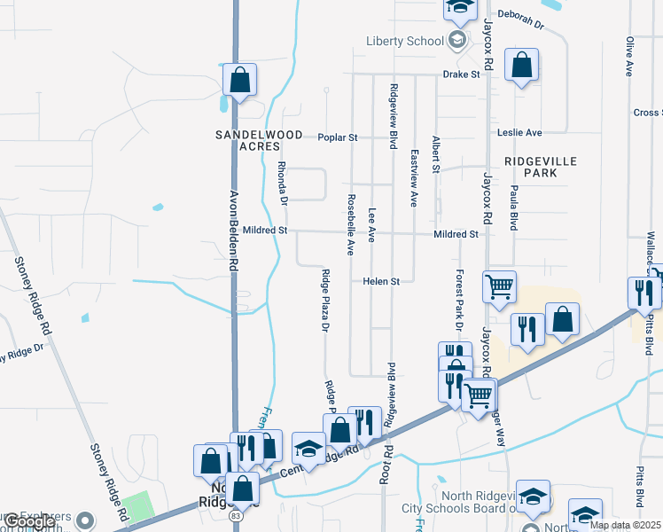 map of restaurants, bars, coffee shops, grocery stores, and more near 6373 Ridge Plaza Drive in North Ridgeville
