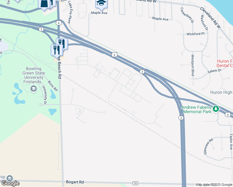 map of restaurants, bars, coffee shops, grocery stores, and more near 1608 Sawmill Parkway in Huron