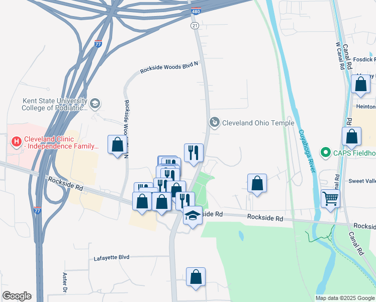 map of restaurants, bars, coffee shops, grocery stores, and more near 6046 Brecksville Road in Independence