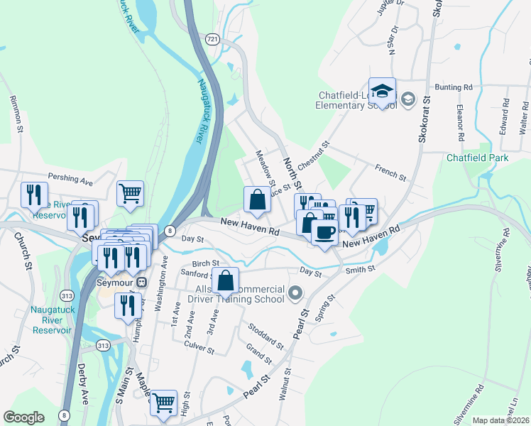 map of restaurants, bars, coffee shops, grocery stores, and more near 43 Garden Street in Seymour