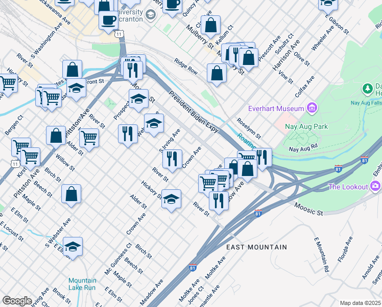map of restaurants, bars, coffee shops, grocery stores, and more near 118 Crown Avenue in Scranton