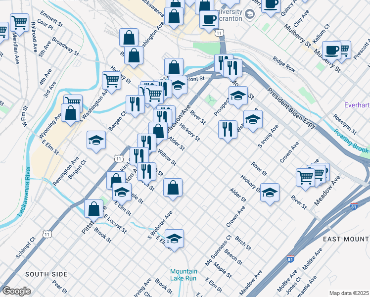 map of restaurants, bars, coffee shops, grocery stores, and more near 516 Prospect Avenue in Scranton