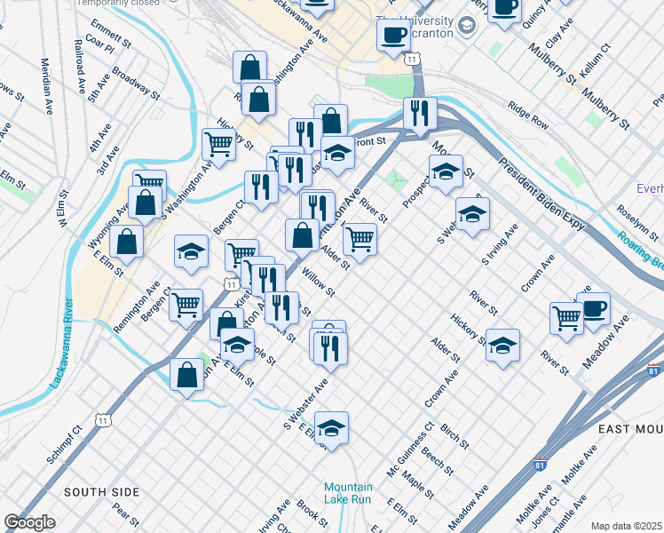map of restaurants, bars, coffee shops, grocery stores, and more near 524 Alder Street in Scranton