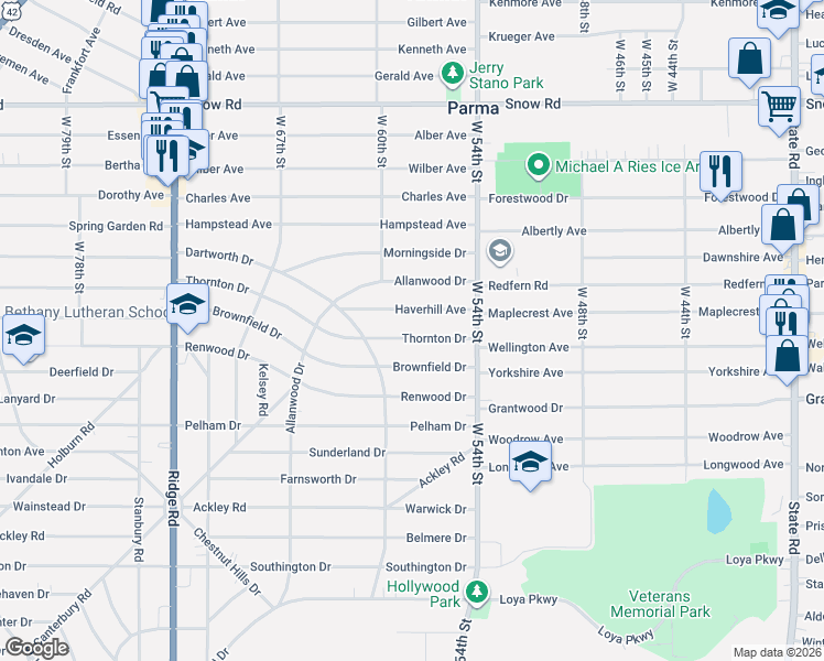 map of restaurants, bars, coffee shops, grocery stores, and more near 5903 Haverhill Avenue in Parma