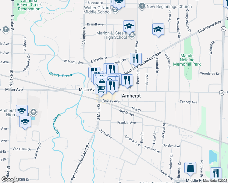 map of restaurants, bars, coffee shops, grocery stores, and more near in South Amherst